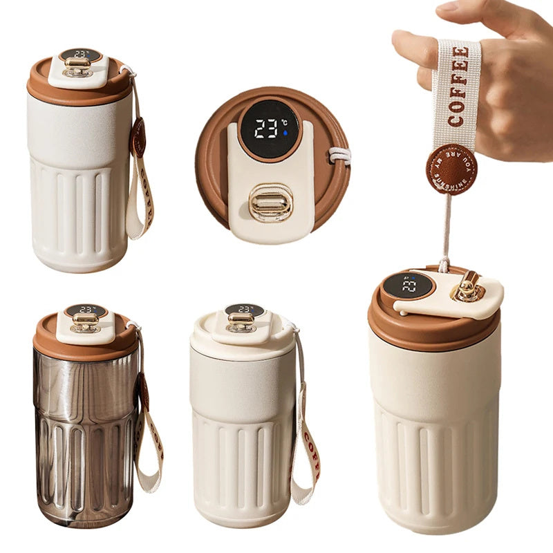 Smart Digital Thermal Bottle Portable Coffee Mug Stainless Steel Water Bottle In-Car Insulated Cup Keep Cold Vacuum Flasks 450ml Quick Loop