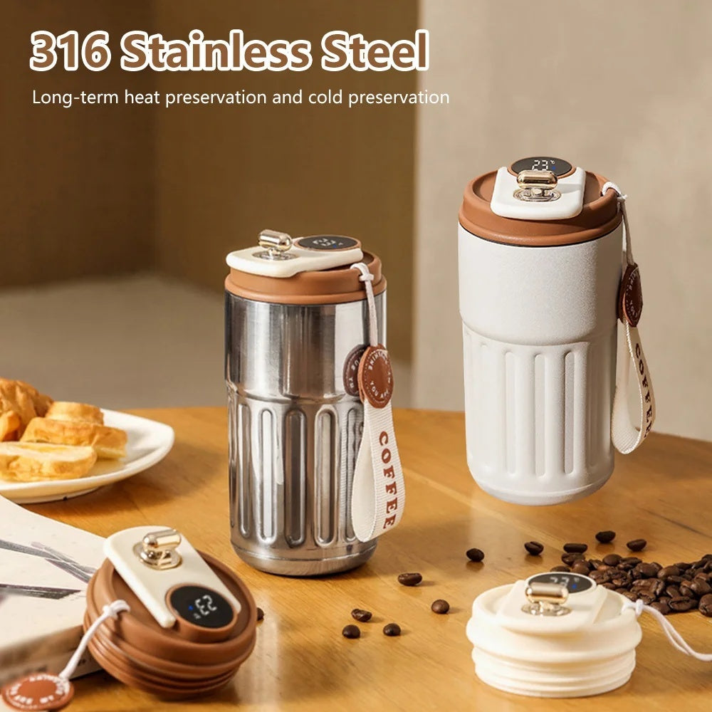 Smart Digital Thermal Bottle Portable Coffee Mug Stainless Steel Water Bottle In-Car Insulated Cup Keep Cold Vacuum Flasks 450ml Quick Loop
