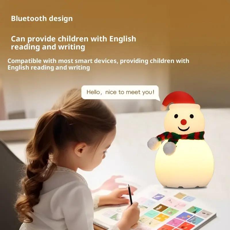 Child reading with a snowman-shaped light and text about its features.