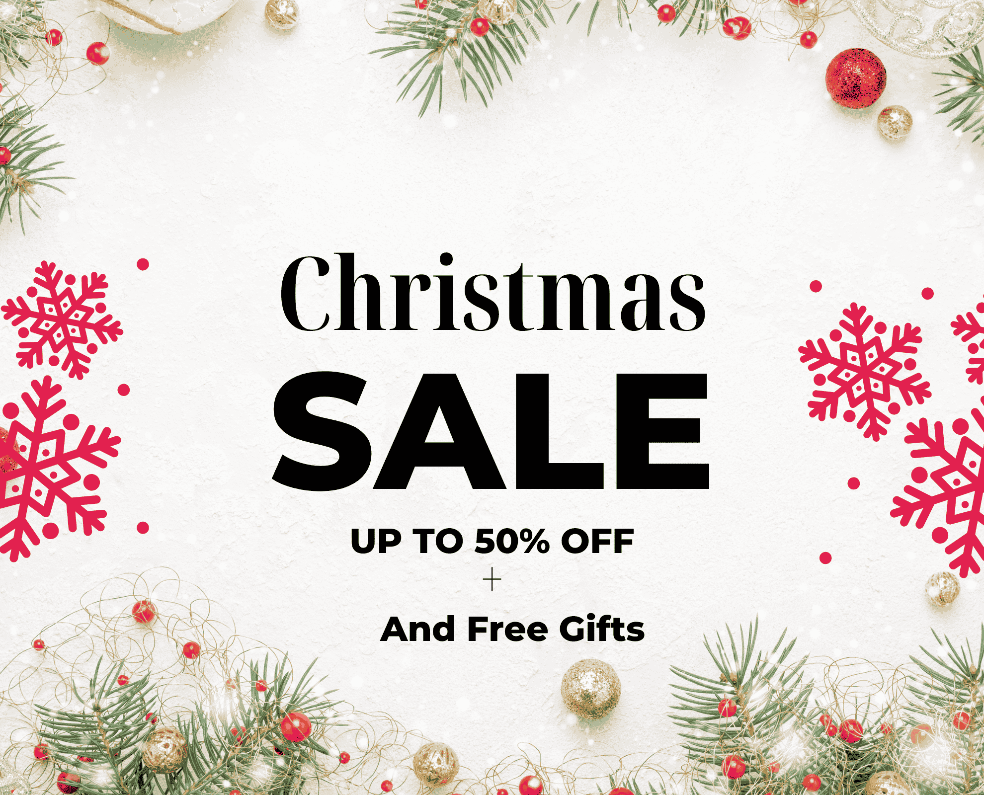 Christmas sale advertisement with festive decorations and text on a white background
