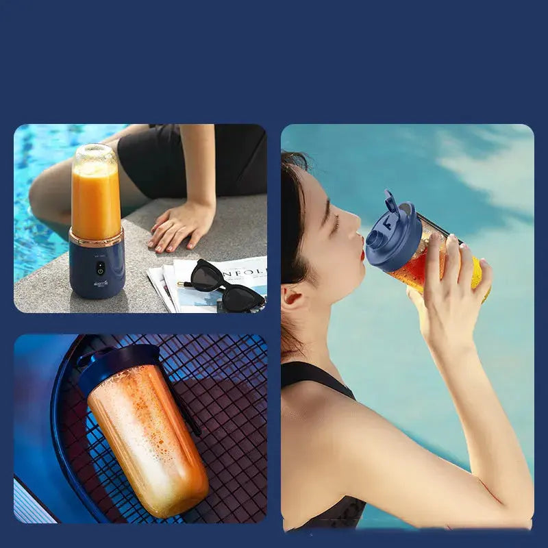 Collage of a portable blender with a smoothie, a person drinking from a bottle by a pool, and a close-up of the blender.