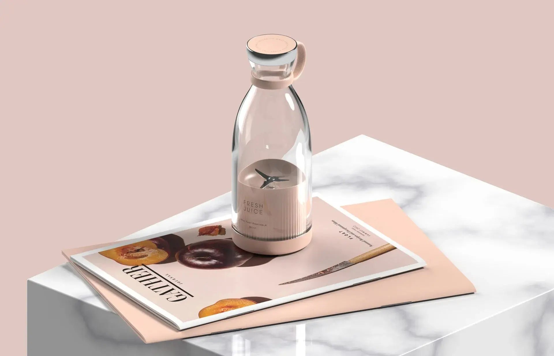 Glass bottle with a metallic cap on a magazine with a pink background