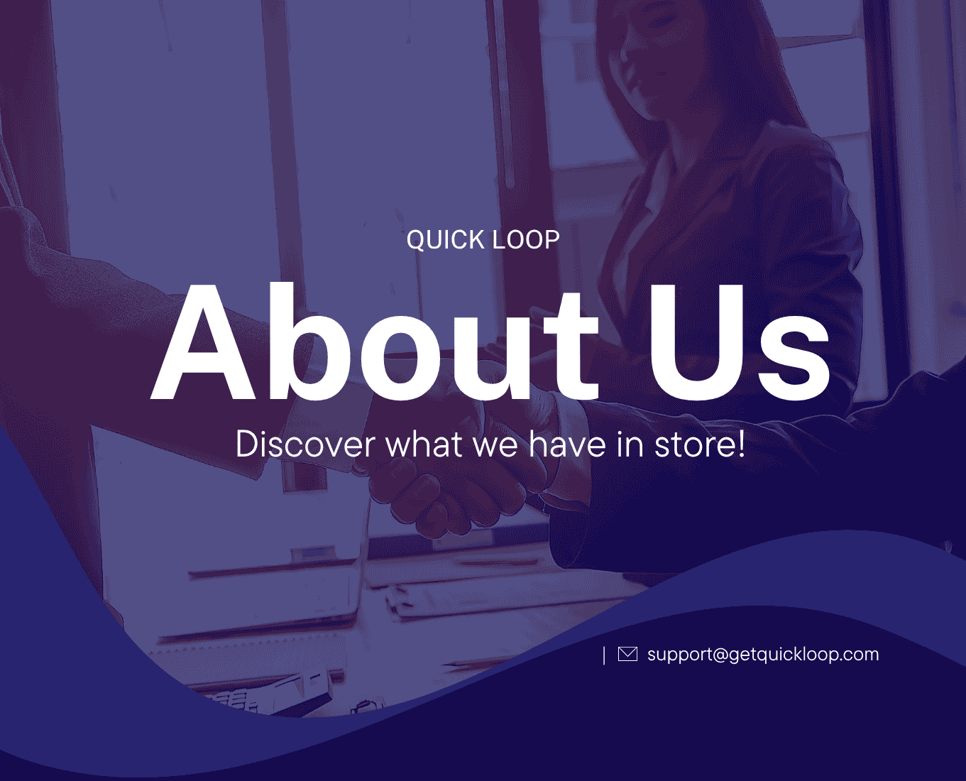 Two people shaking hands with 'About Us' text overlay on a blurred background