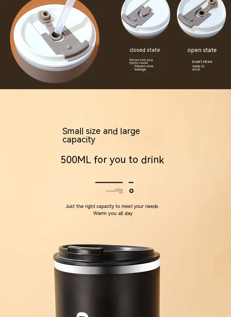 Black insulated cup with lid showing open and closed states on a beige background