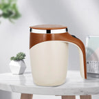 White mug with brown handle and lid on a marble surface