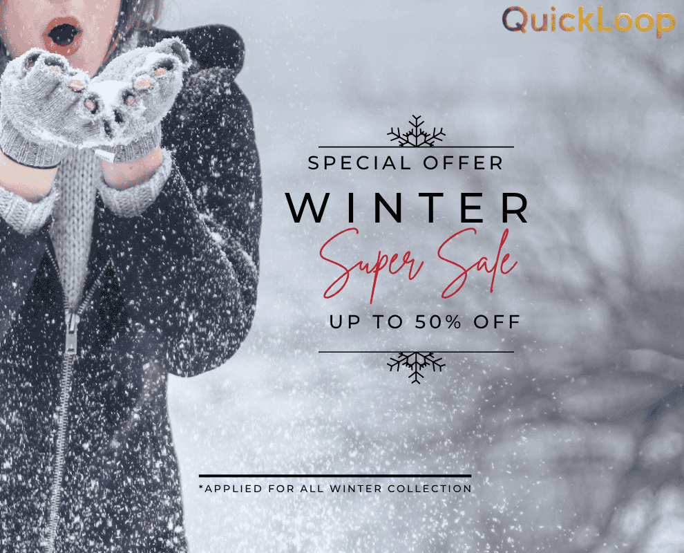Person wearing winter clothing with a 'Special Offer Winter Super Sale' text overlay on a snowy background.