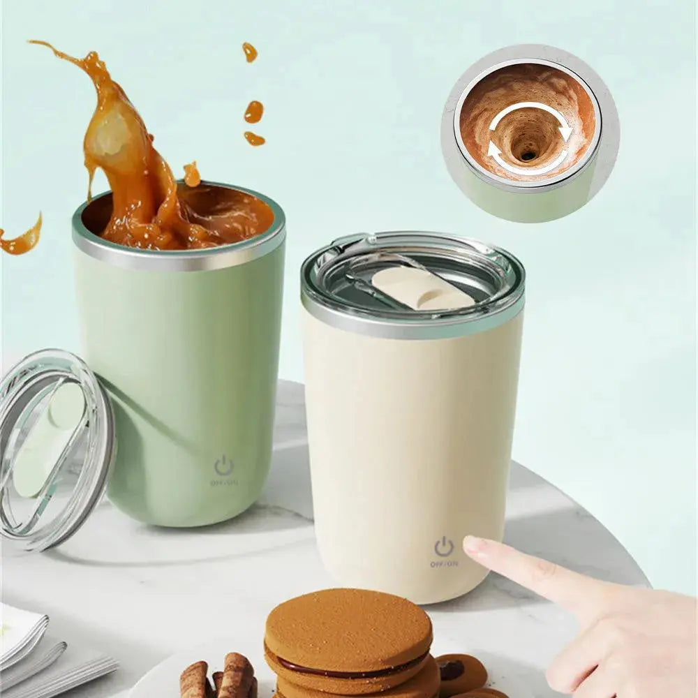 Two insulated travel mugs with a hand pointing to one of them, surrounded by cookies and a light blue background.
