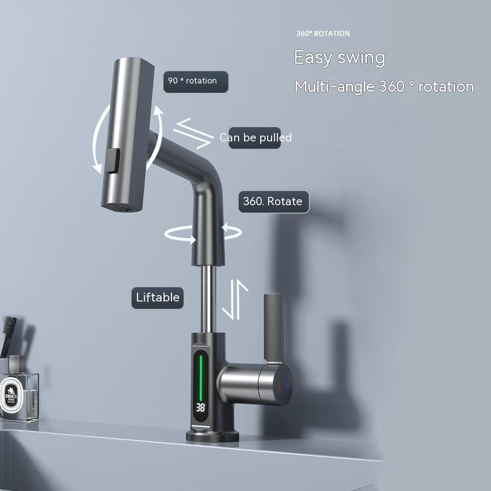 Intelligent Digital Display Faucet Pull-out Basin Faucet Temperature Digital Display Rotation Quick Loop