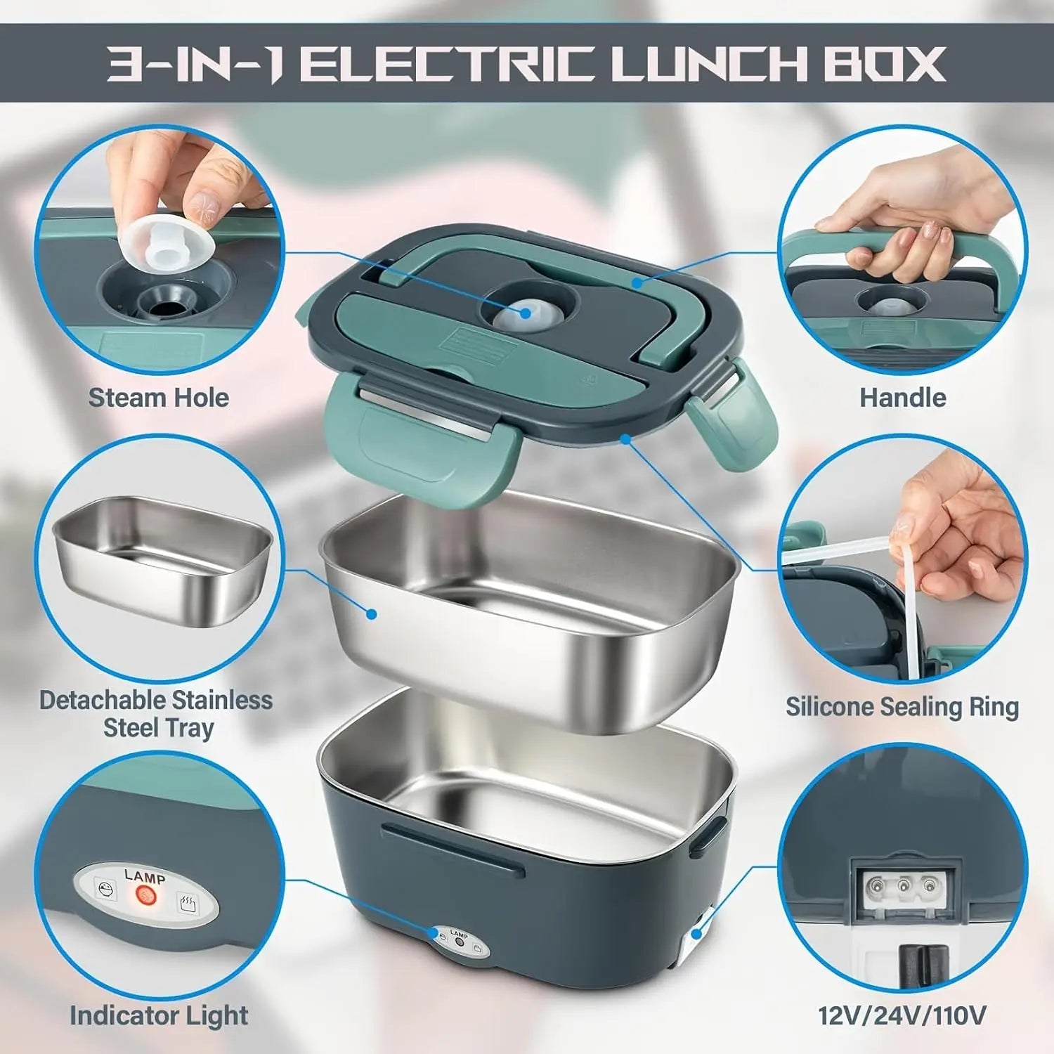 3-in-1 electric lunch box with features highlighted