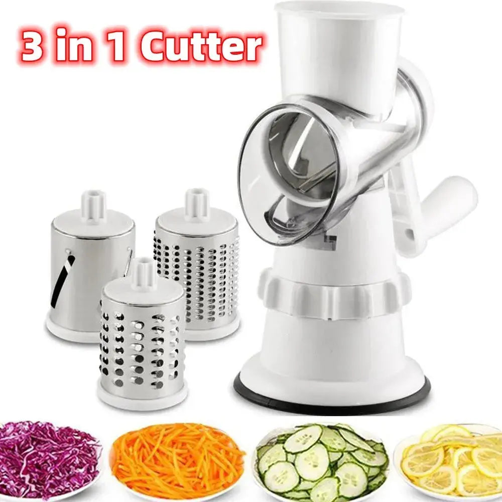 3-in-1 kitchen cutter with different attachments and sliced vegetables on a white background