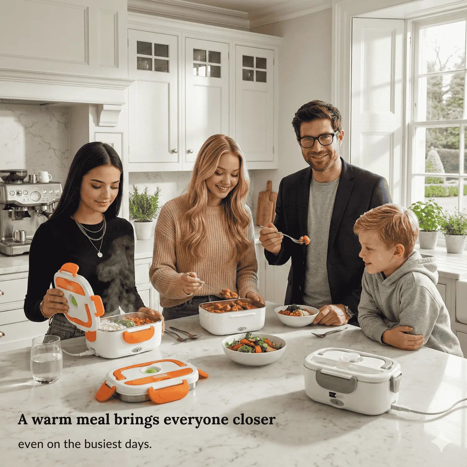 Family of four enjoying a meal together in a modern kitchen with food containers.