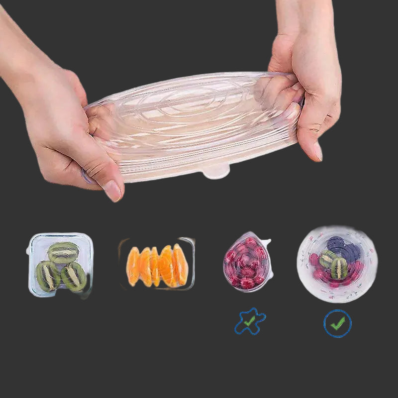 Hands holding a clear silicone mold against a black background with illustrations of food items and icons.