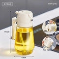 Oil dispenser bottle with measurements and usage details on a neutral background