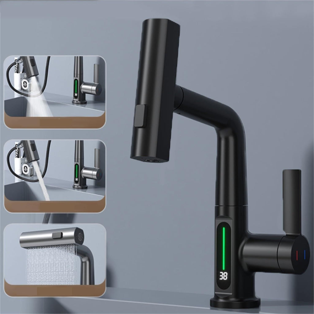 Intelligent Digital Display Faucet Pull-out Basin Faucet Temperature Digital Display Rotation Quick Loop