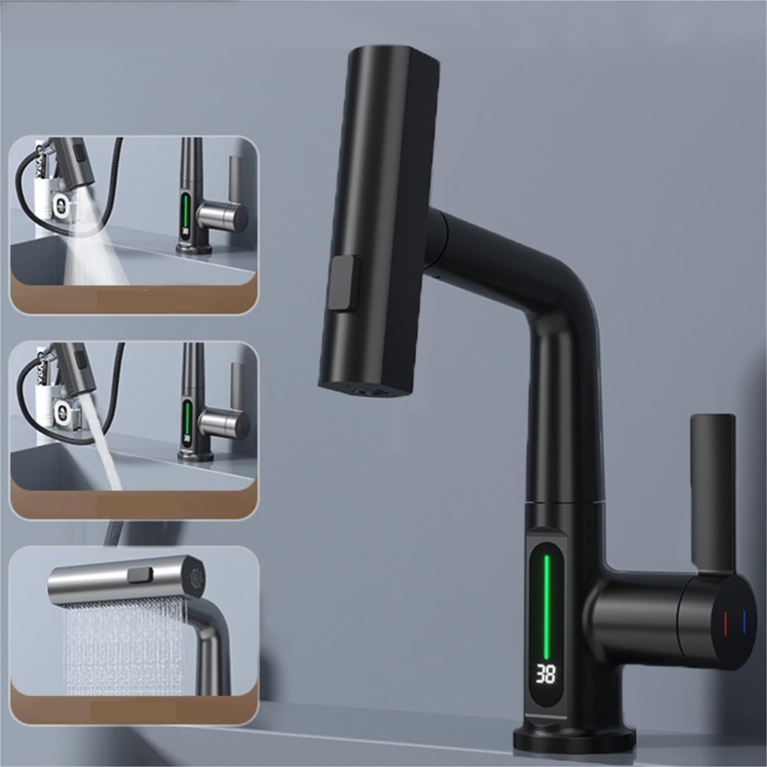 Intelligent Digital Display Faucet Pull-out Basin Faucet Temperature Digital Display Rotation Quick Loop