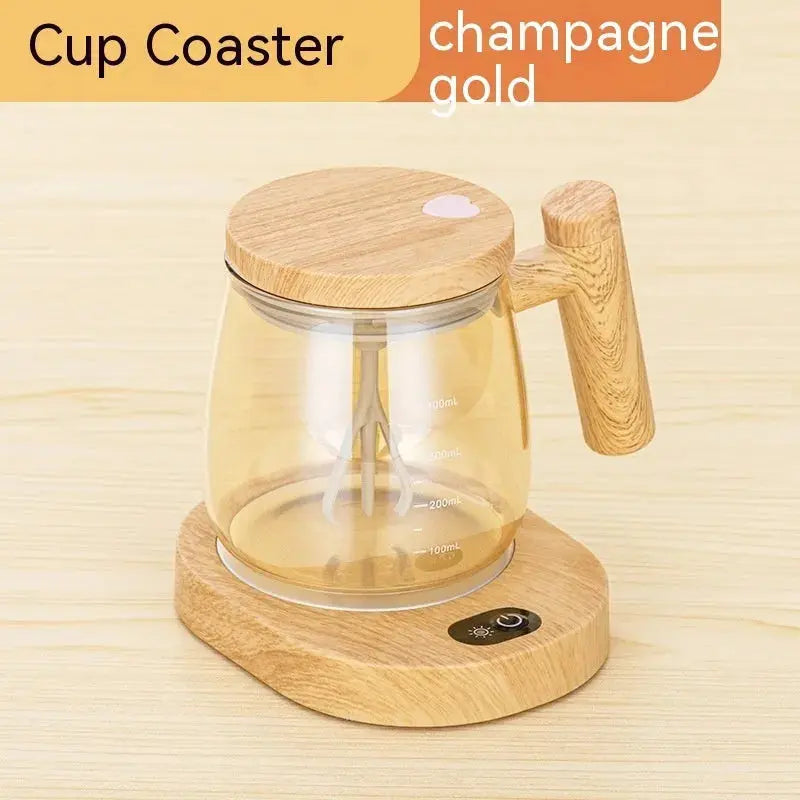 Glass cup with wooden lid and base on a wooden coaster, labeled 'Cup Coaster champagne gold'.