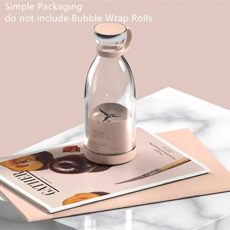 Clear bottle with pink cap on a magazine with text about packaging.