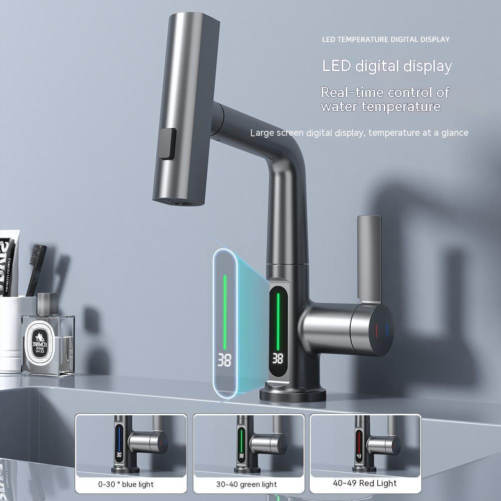 Intelligent Digital Display Faucet Pull-out Basin Faucet Temperature Digital Display Rotation Quick Loop