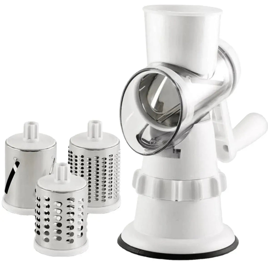 White manual rotary cheese grater with multiple attachments on a white background