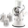 White manual rotary cheese grater with multiple attachments on a white background