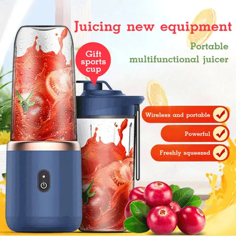 Portable multifunctional juicer with fruits and juice on a white background