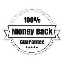 100% money back guarantee badge with stars on a white background
