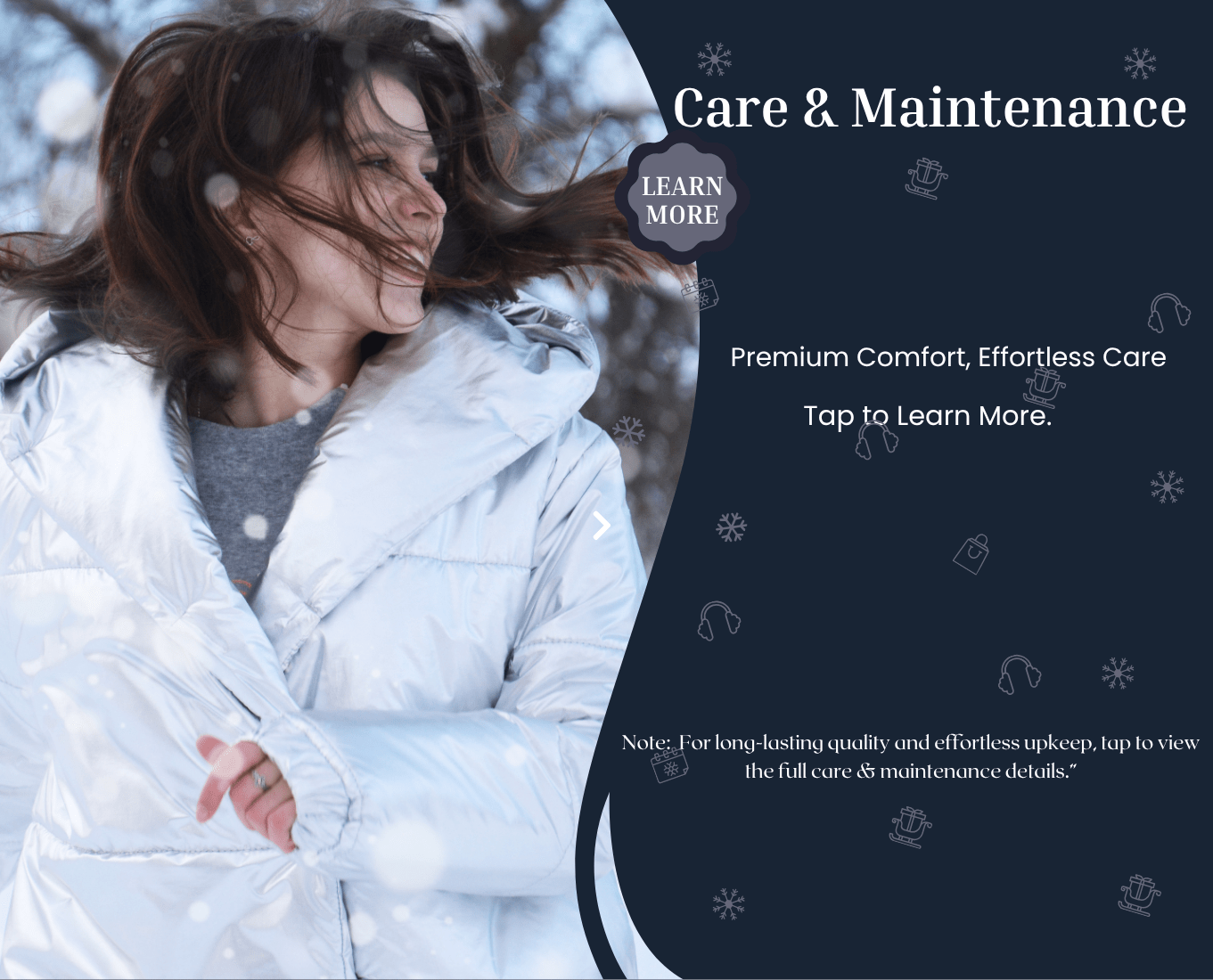 Person wearing a white puffer jacket with text about care and maintenance on a dark background